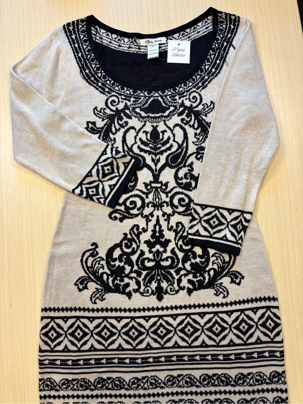 Flying Tomato Damask Paisley Knit Sweater Dress Tan Black Boho NWT Sz L